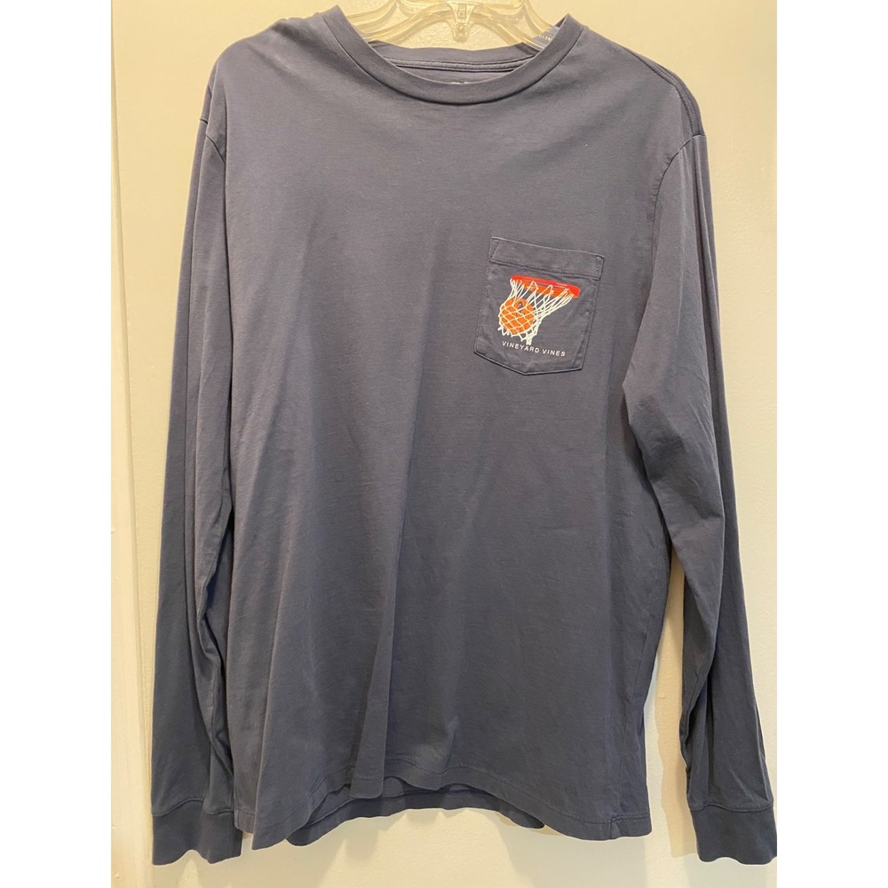 Vineyard Vines Mens Long Sleeve T Shirt Basketball Buckets Pocket Tee Blue Sz M
